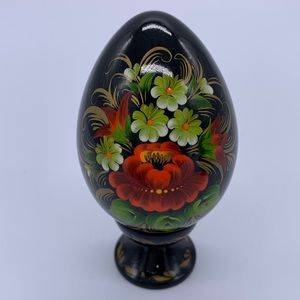 Hand Painted Vtg Ukrainian Signed Wooden Easter Egg Black Florals Stand